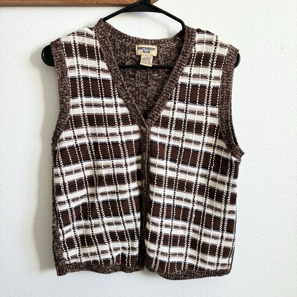 VTG Plaid V Neck Knit Brown Academia Retro Button Front Sweater Vest Medium - Picture 2 of 6
